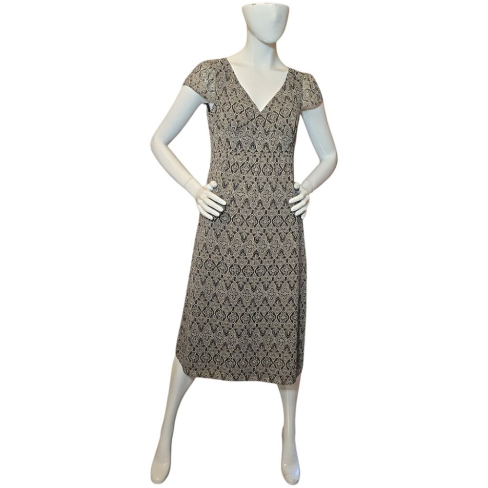 Chocolate Brown V Neck Medallion Print Midi LOFT Dress sz 4